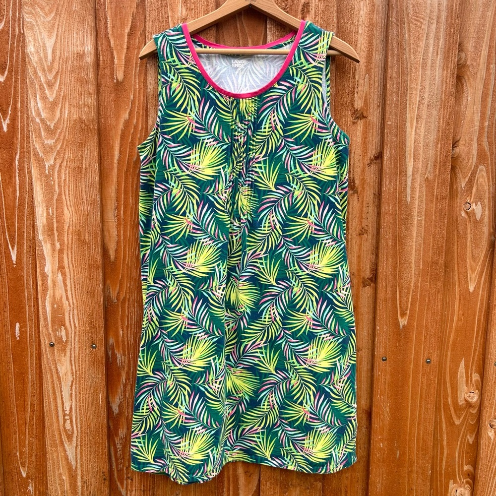 LANDS END Jungle Leaf Print Sleeveless Cotton Shift Dress Preppy Summer Size M